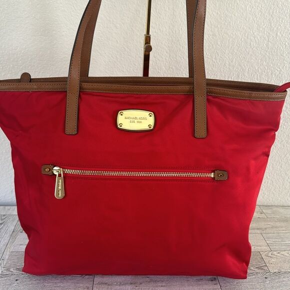 Michael Kors Red Nylon & Tan Leather Trim Tote - Picture 2 of 15
